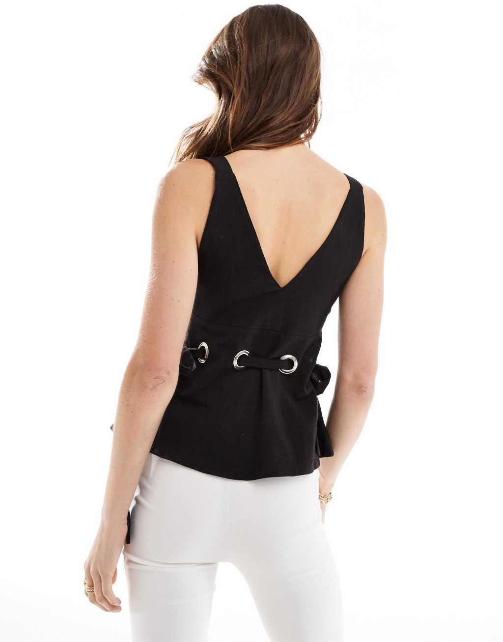 ASOS DESIGN linen cami top with eyelet detail in black Product Image