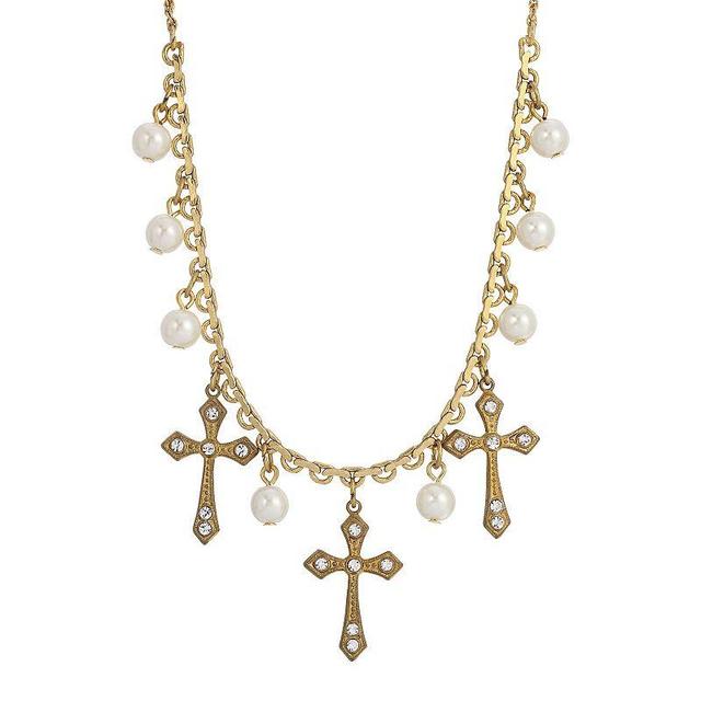 Symbols of Faith Triple-Cross Faux-Pearl Drop Necklace, Womens, White Product Image