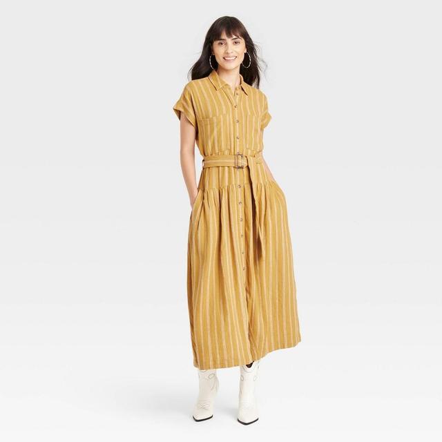 Womens Short Sleeve Belted Midi Shirtdress - Universal Thread Yellow Striped L Product Image