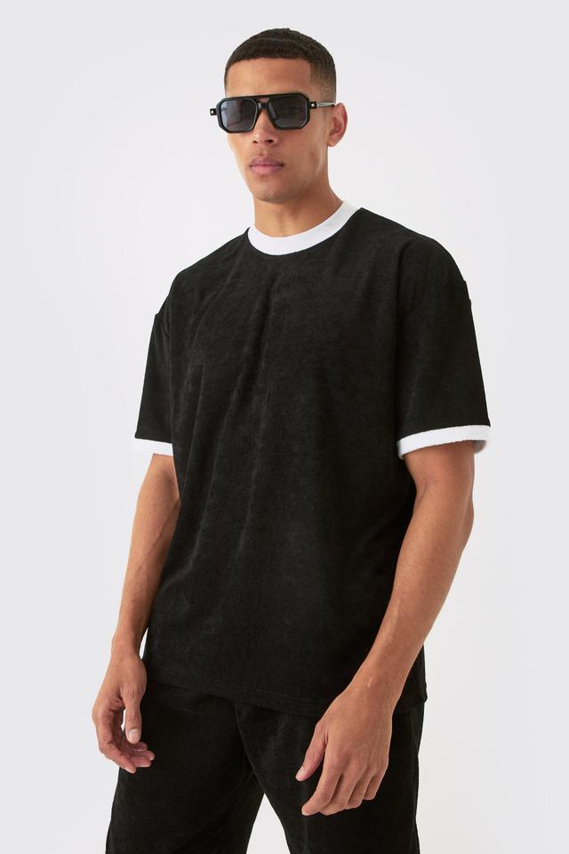 Mens Black Oversized Extended Neck Contrast Towelling T-shirt, Black Product Image