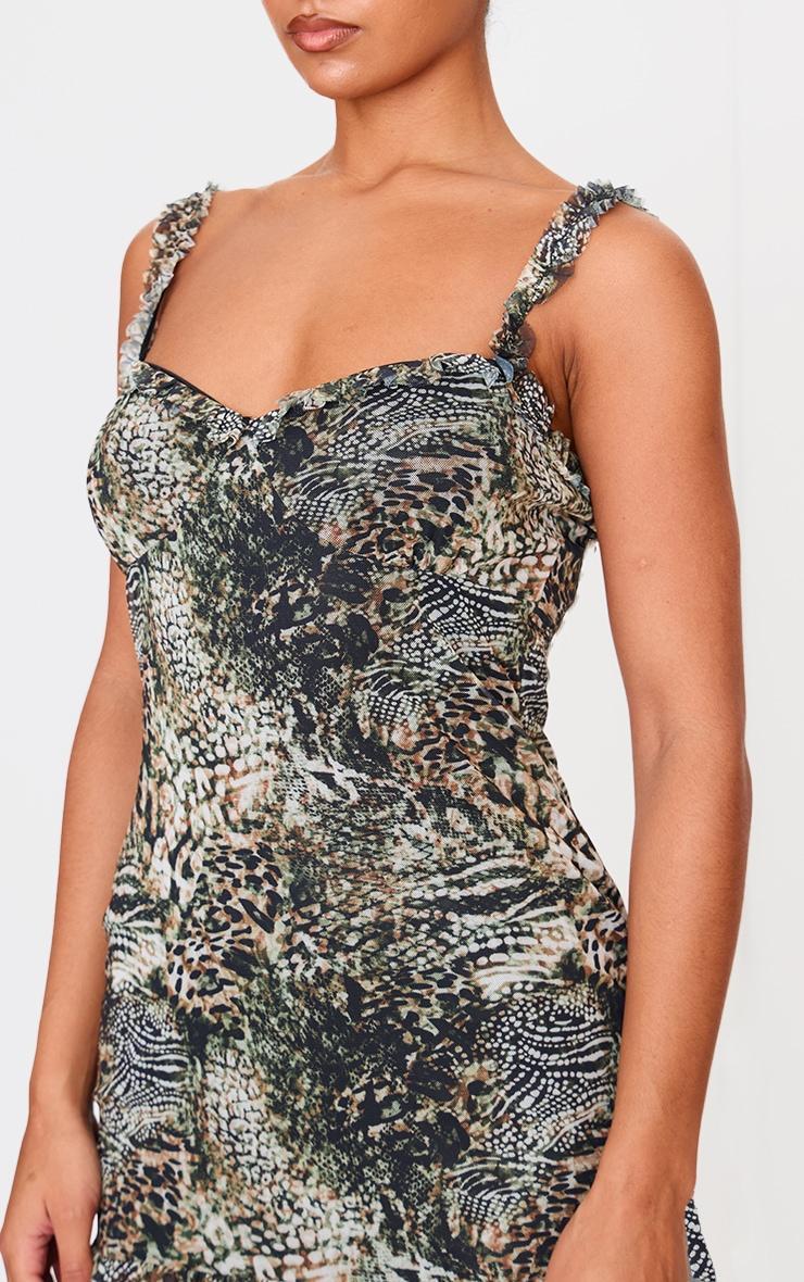 Green Leopard Printed Mesh Frill Hem Detail Mini Dress Product Image