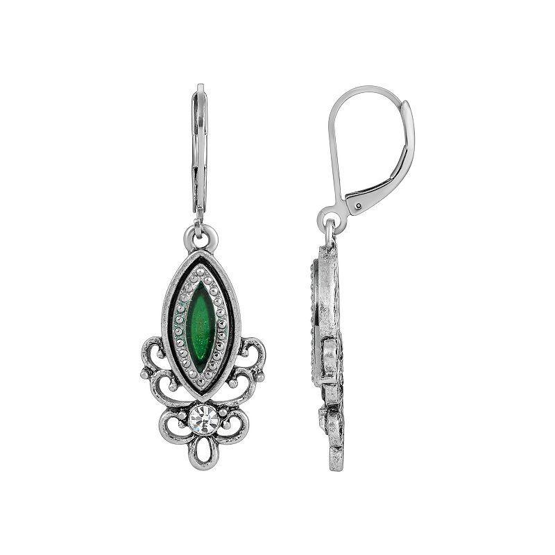 1928 Silver Tone Green Filigree Drop Earring, Womens Product Image