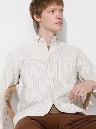 Mens Oxford Slim-Fit Shirt Striped Beige Medium UNIQLO US Product Image