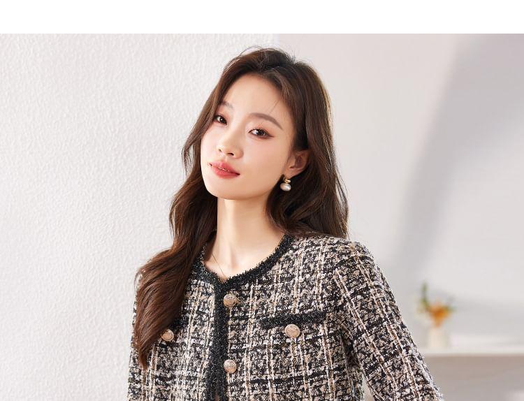 Round Neck Tweed Cropped Button Jacket Product Image