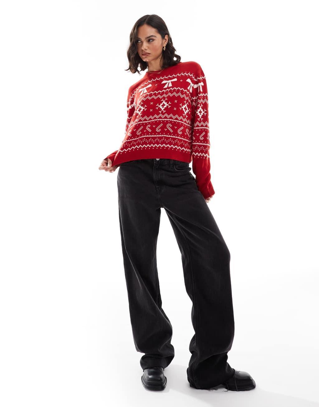 ASOS DESIGN crew neck christmas sweater with fairisle pattern in red and cream Product Image