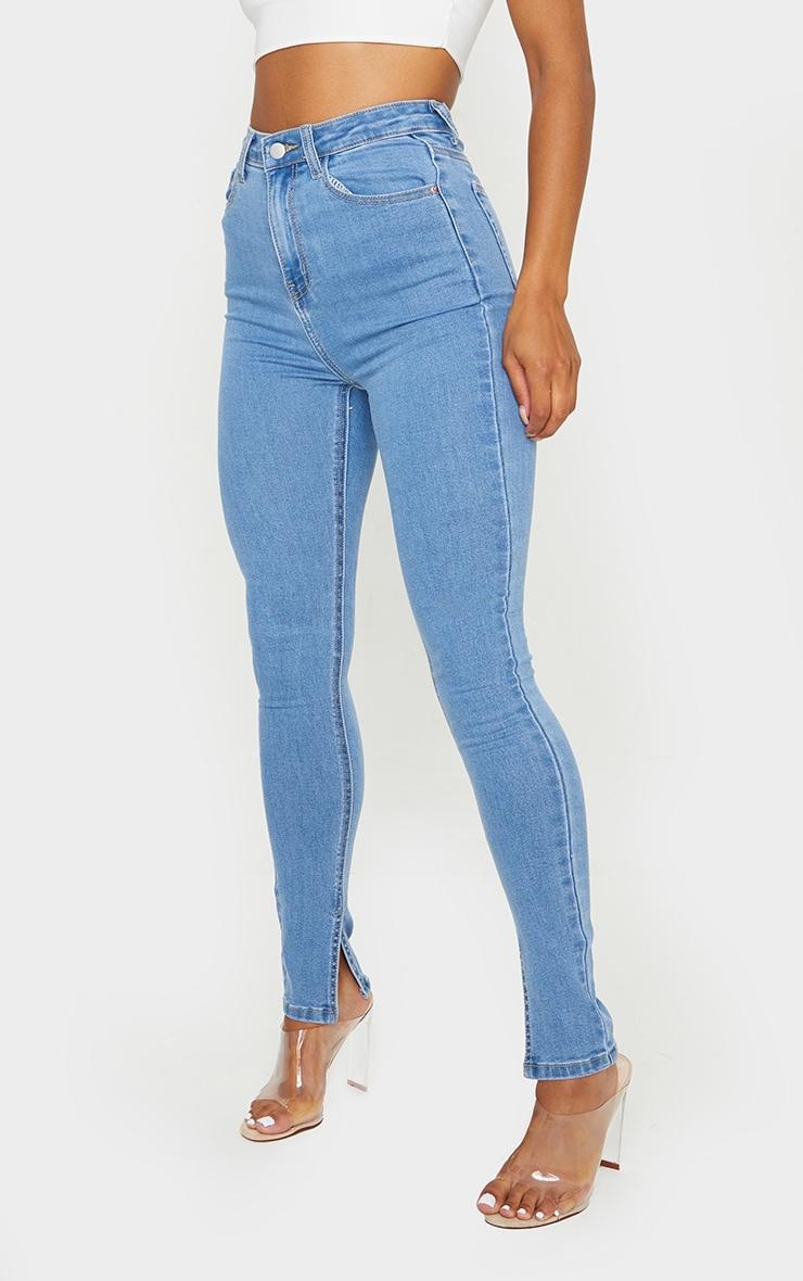 Light Blue Wash Side Split Hem Skinny Jeans Product Image