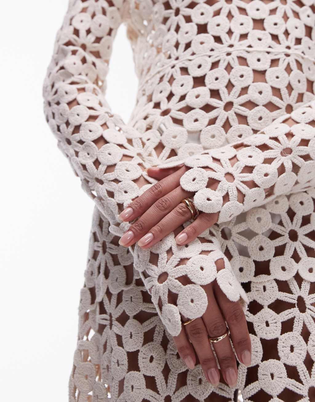 Topshop knit crochet long sleeve maxi dress in cream Product Image