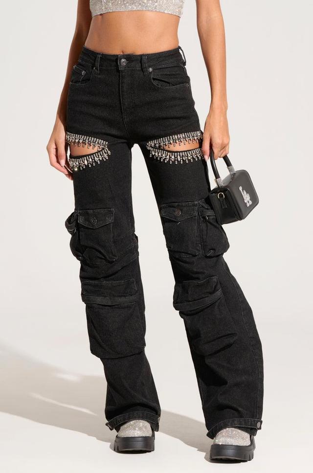 CALLING THE SHOTS CARGO DENIM WITH RHINESTONES IN BLACK Product Image