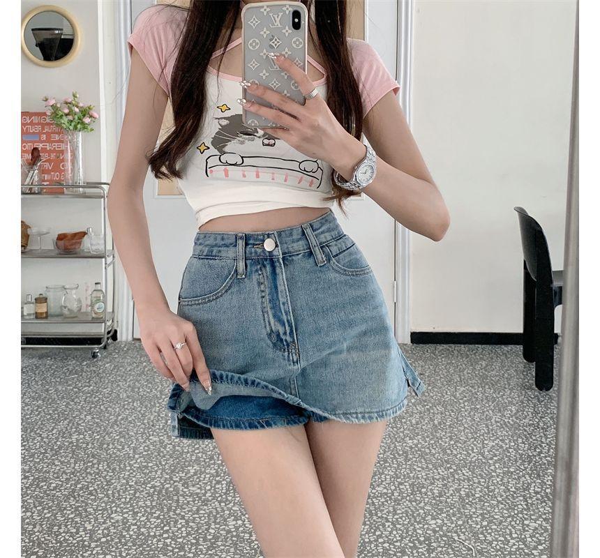 High Waist Slit Washed Denim Skort Product Image