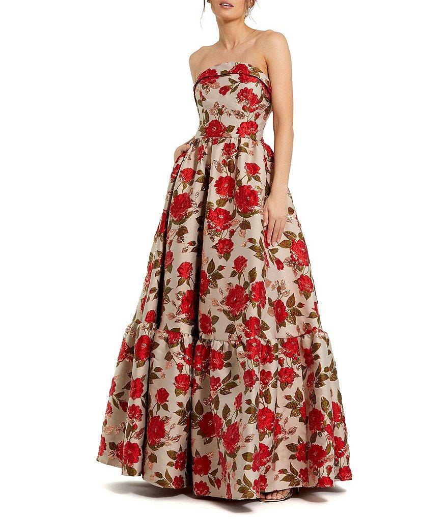 Mac Duggal Brocade Floral Print Strapless Sleeveless Ruffle Ball Gown Product Image