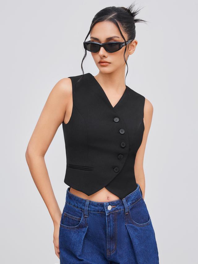 V-neck Solid Button Crop Jacket Vest Product Image