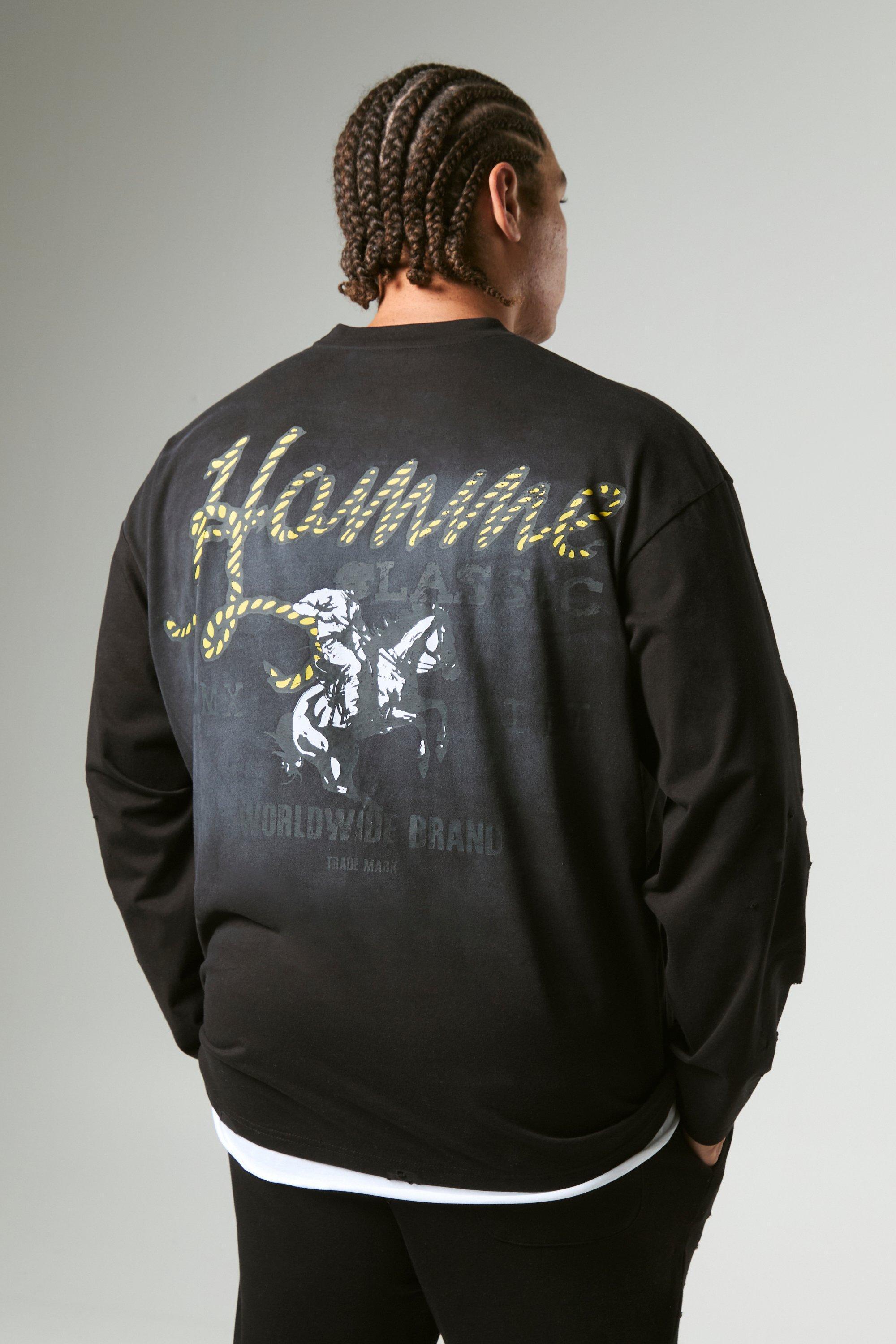 Plus Long Sleeve Oversized Distressed Rodeo T-Shirt | boohooMAN USA Product Image