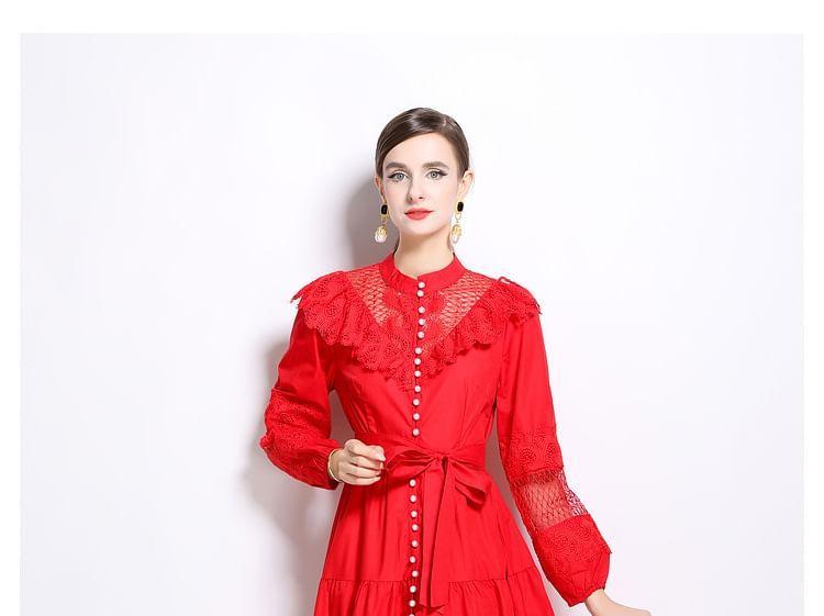 Long Sleeve Band Collar Plain Ruffle Faux Pearl Button Tie-Waist Panel Lace Midi A-Line Dress Product Image