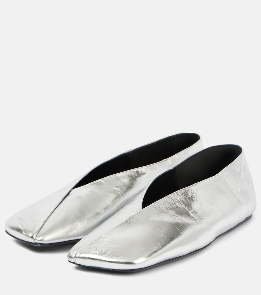 Metallic Leather Ballet Flats In Silver Product Image