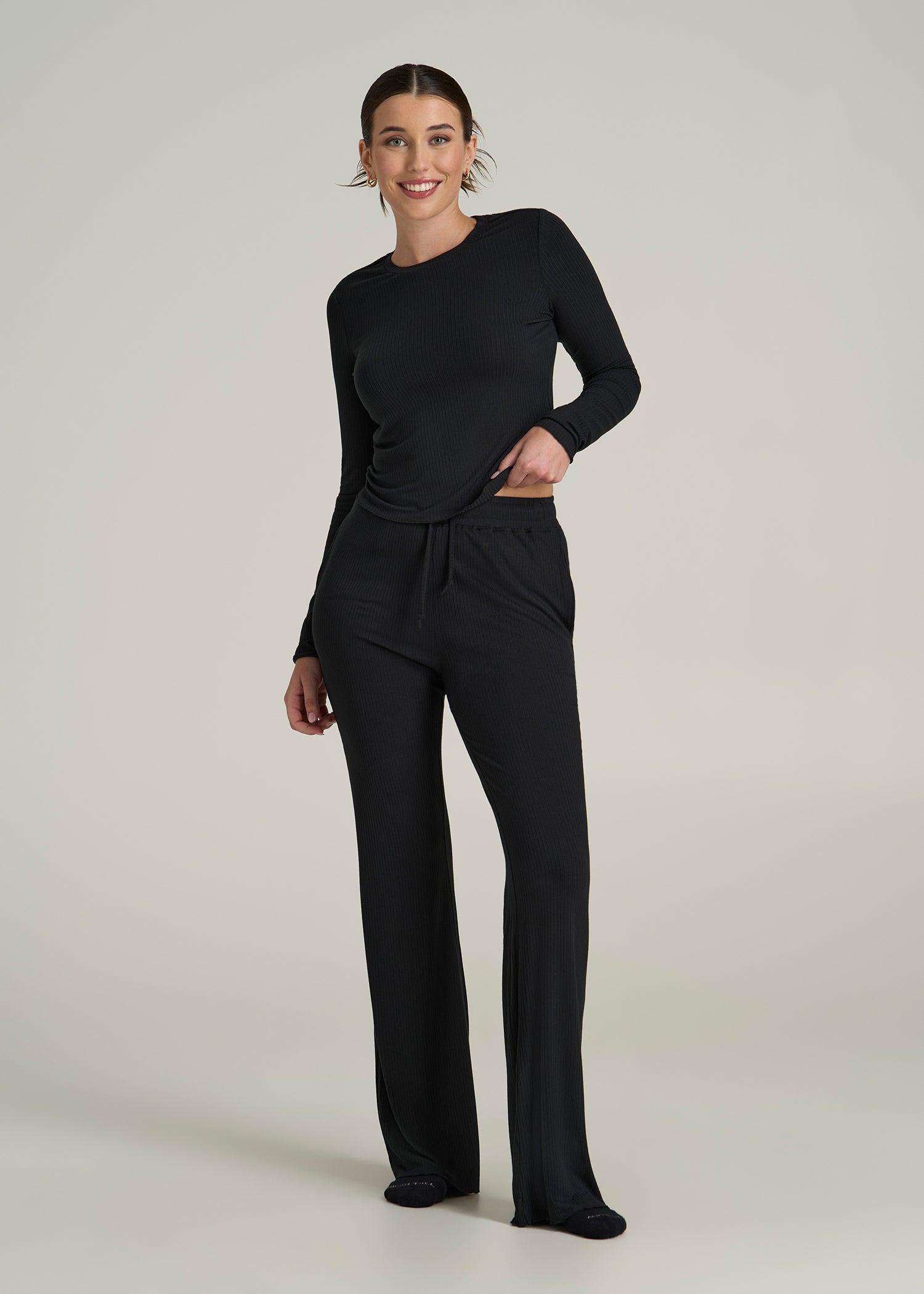 Lightweight Ribbed Cropped Lounge Shirt for Tall Women in Black Product Image