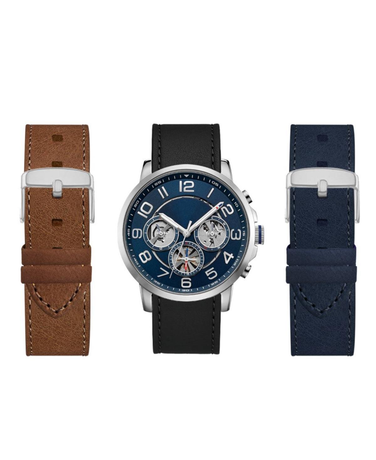 American Exchange Mens Black Leather Strap Watch 44mm Gift Set Product Image