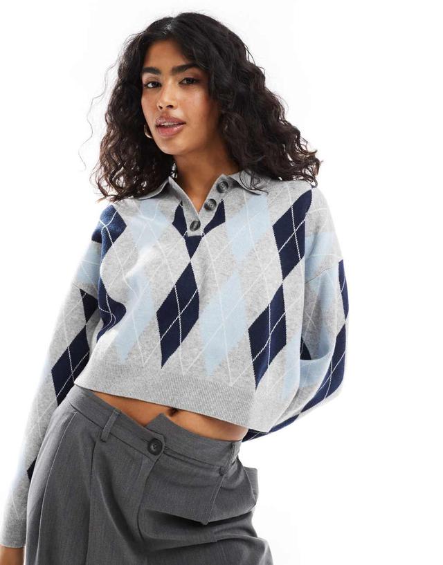 Bershka argyle checked polo neck sweater in gray Product Image