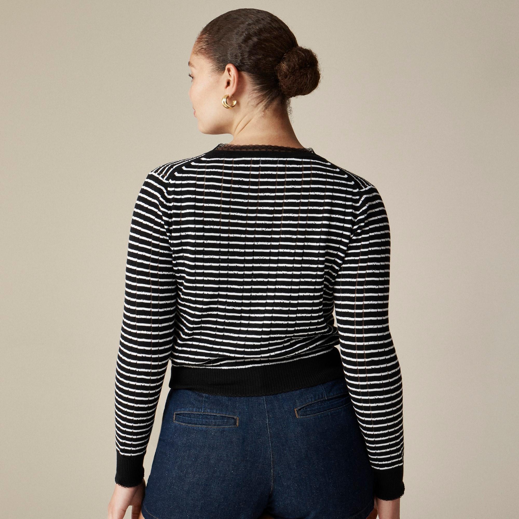 Pointelle V-neck cardigan in striped premium ultrafine cotton Product Image