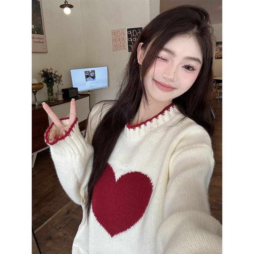 Crew Neck Heart Jacquard Sweater Product Image