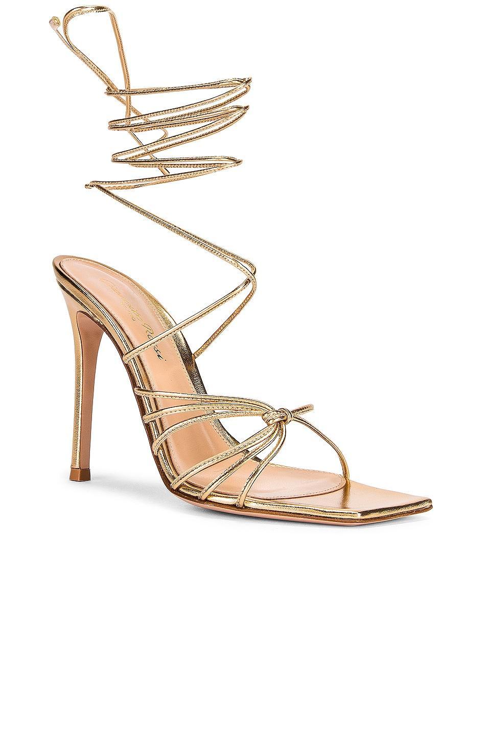 Gianvito Rossi Nappa Silk Strappy Heels in Metallic Gold Product Image