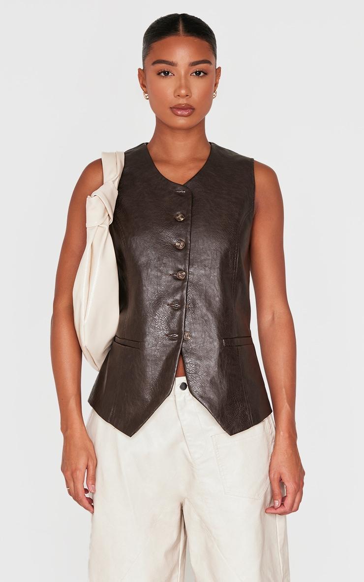 Brown Faux Leather Long Line Button Up Vest Product Image