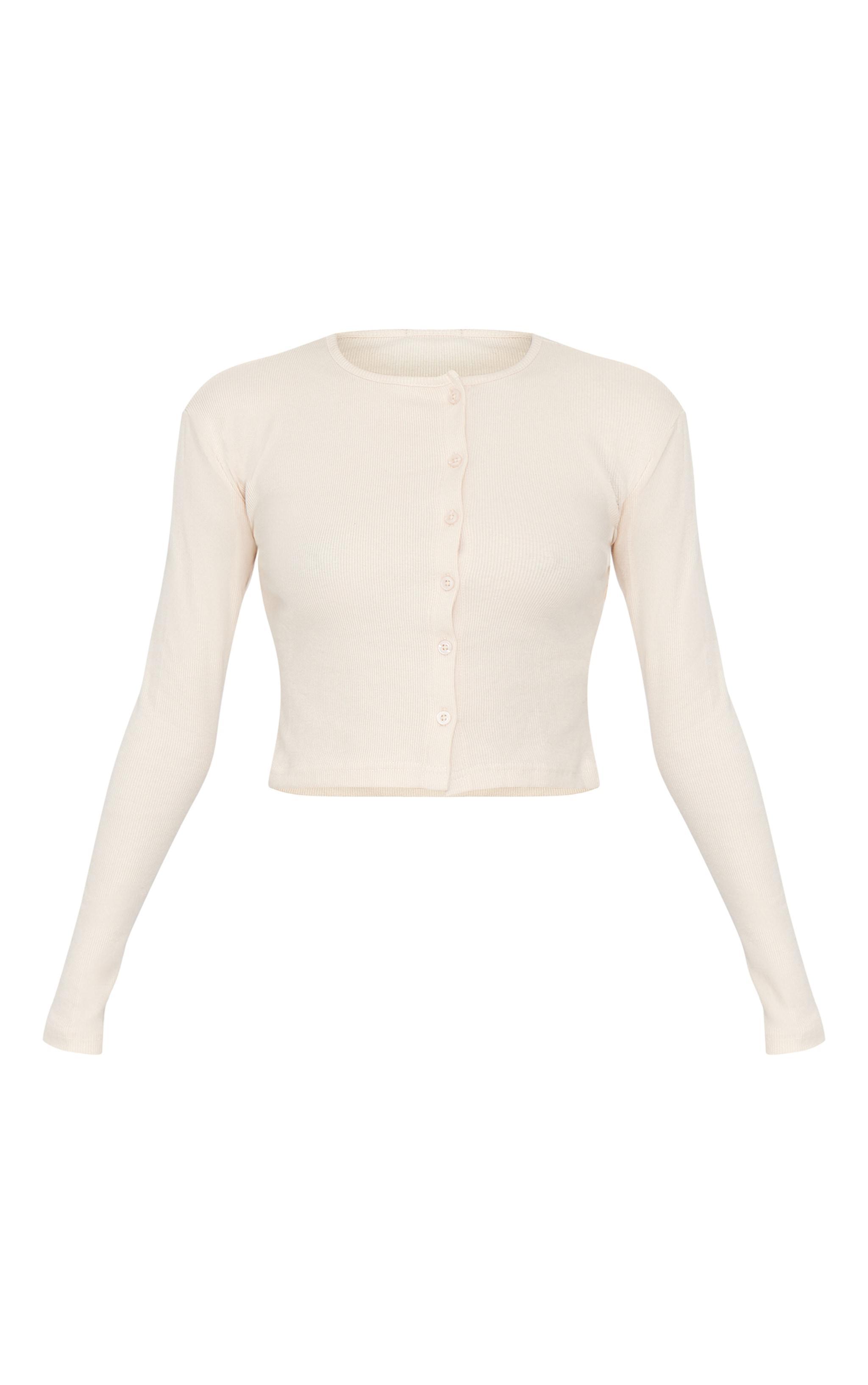 Cream Ribbed Aysmmetric Button Down Fitted Long Sleeve Top Product Image