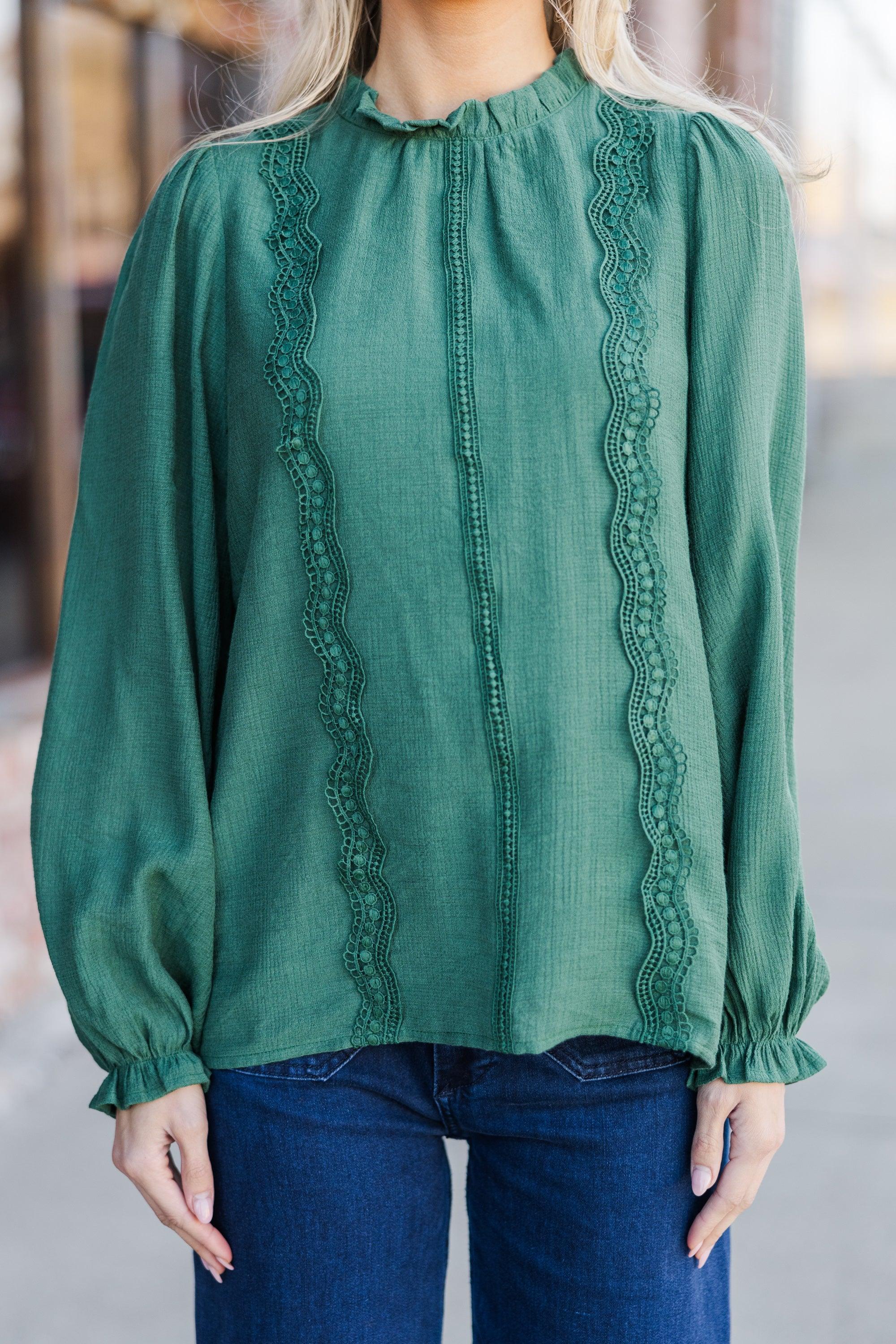 Wish You Were Here Emerald Green Crochet L/S Blouse Female Product Image