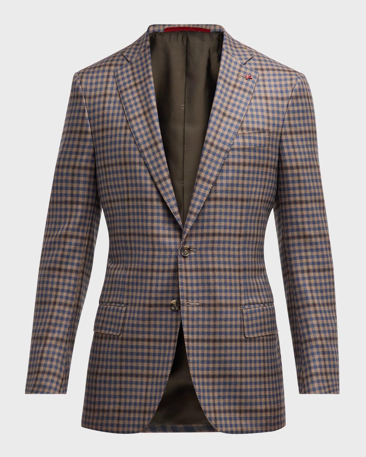 Mens Tan and Blue Gingham Check Sport Jacket Product Image