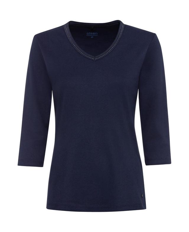 Olsen Womens 3/4 Sleeve Embellished V-Neck T-Shirt Product Image