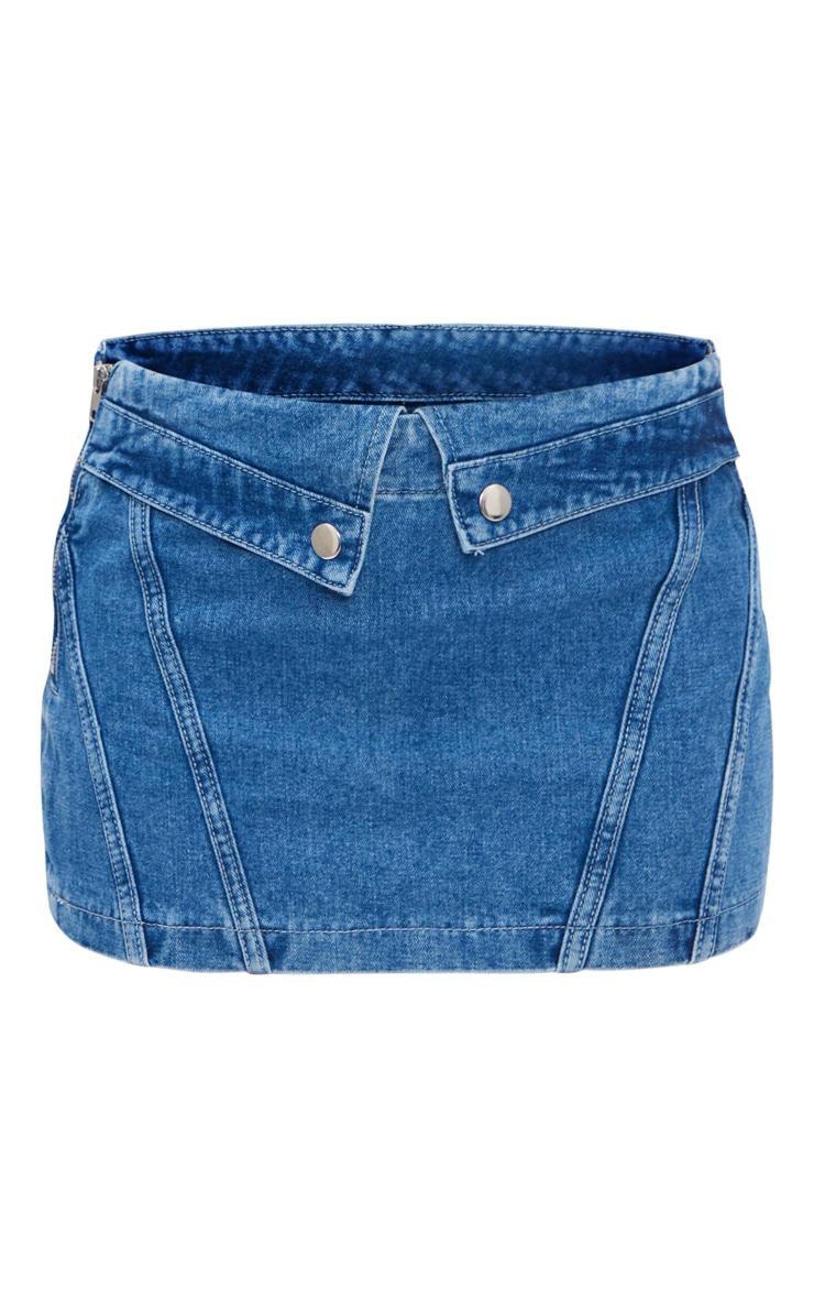  Mid Blue Wash Biker Waistband Detail Denim Mini Skirt Product Image