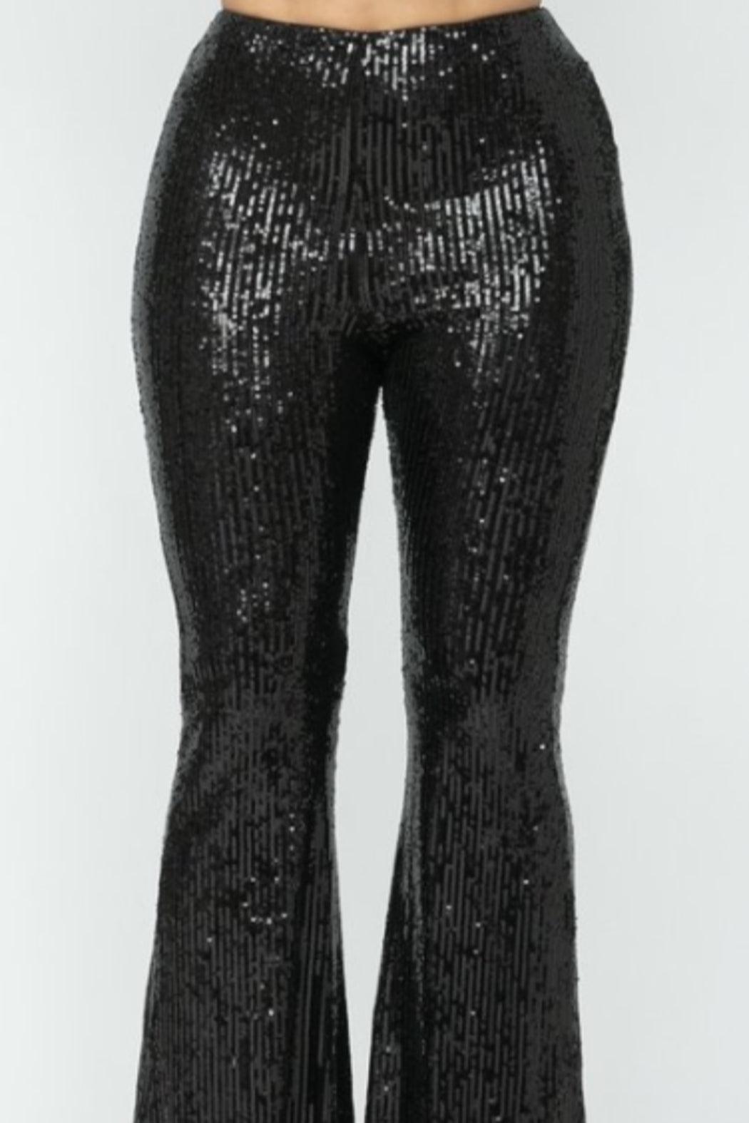 Sequin Bell Bottom Pants - Black Female Product Image