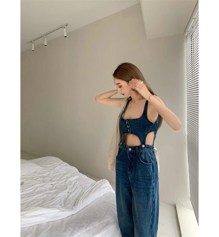 Denim Crop Button-Up Camisole Top / High Waist Washed Loose-Fit Jeans Product Image