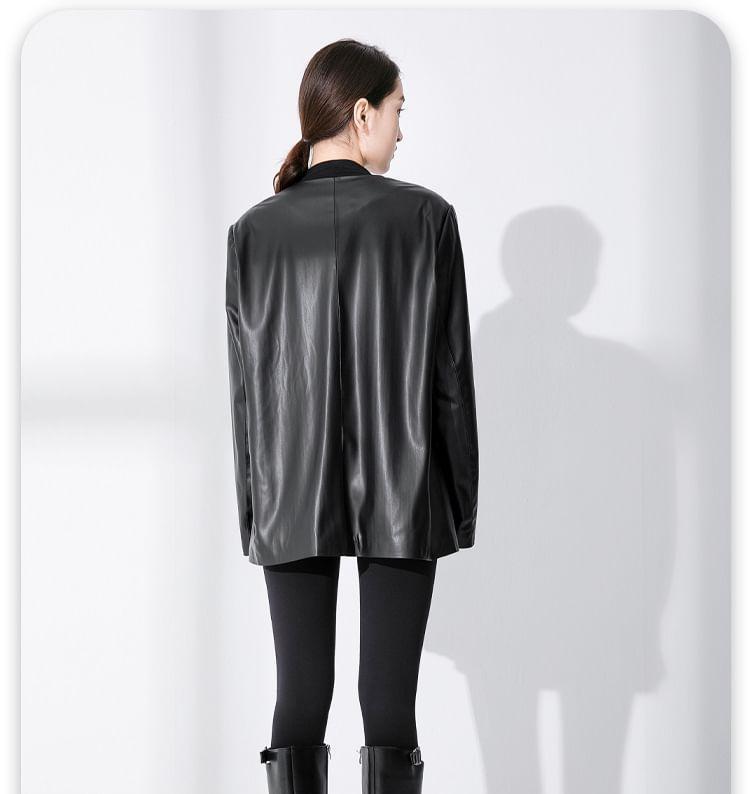 V-Neck Plain Button-Up Faux Leather Jacket Product Image