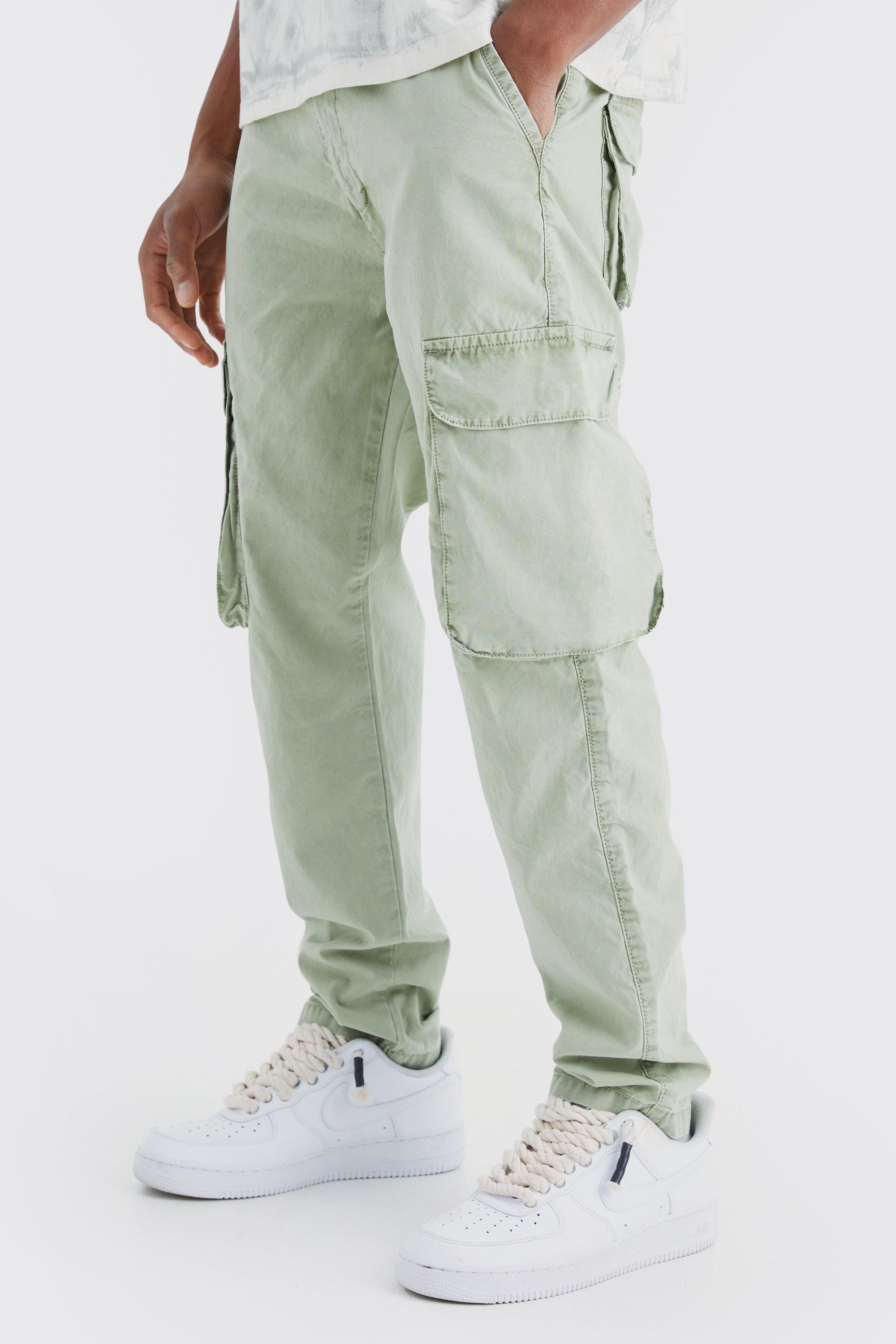 Mens Green Slim Fit Overdye Acid Wash Cargo Trouser, Green Product Image