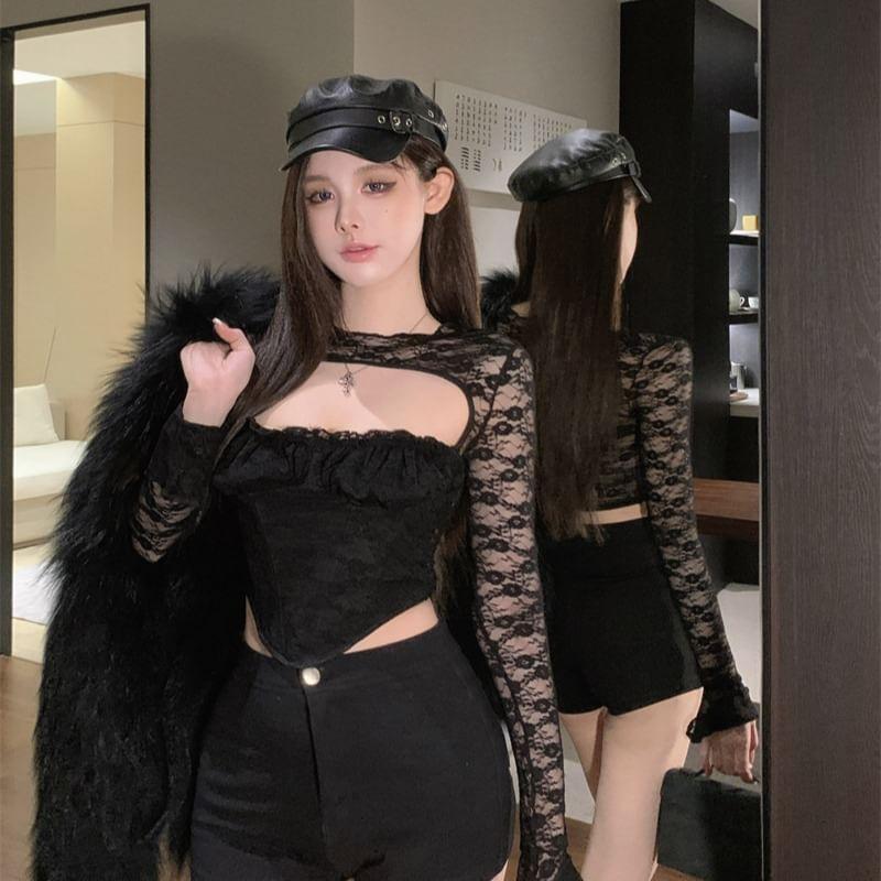 Long Sleeve Round Neck Hollow Out Lace Panel Ruffle Trim Crop Top Product Image