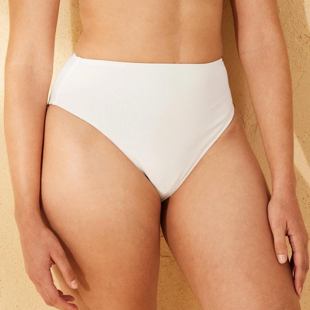 Womens Ribbed High Waist Cheeky Bikini Bottom - Shade & Shore Cream XS Product Image