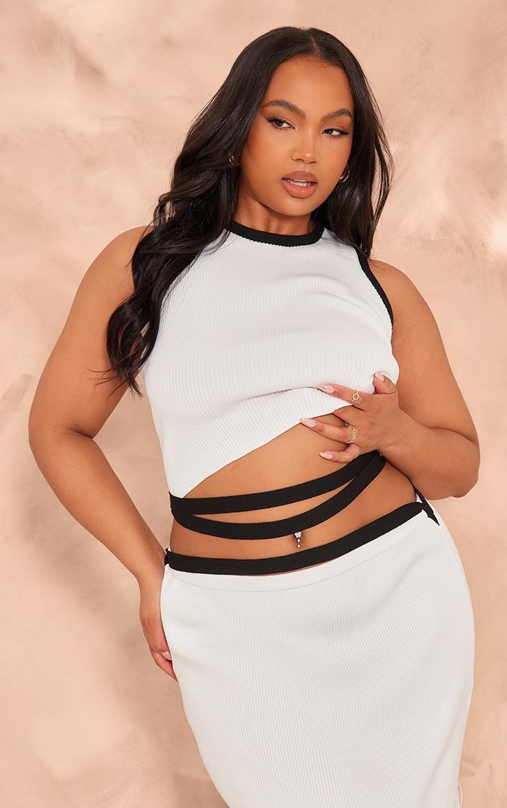 Plus White Rib Knit Contrast Detailing Racer Neck Crop Top Product Image