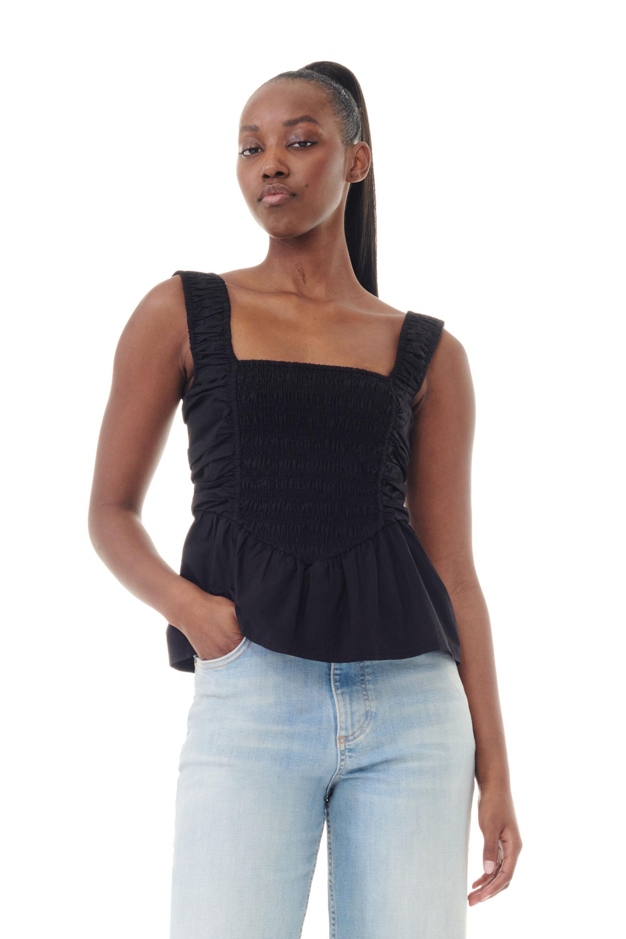 Black Cotton Poplin Smock Strap Top Product Image