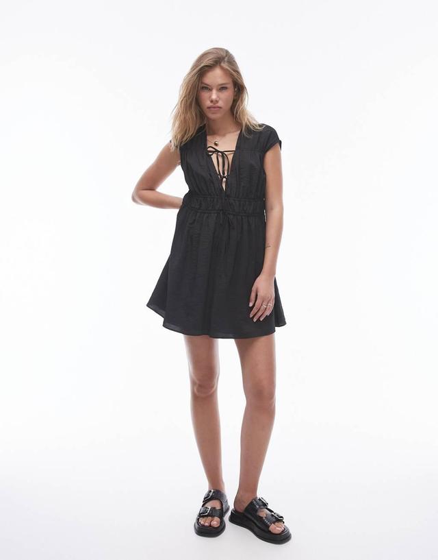 Topshop tie front tiered mini dress in black Product Image