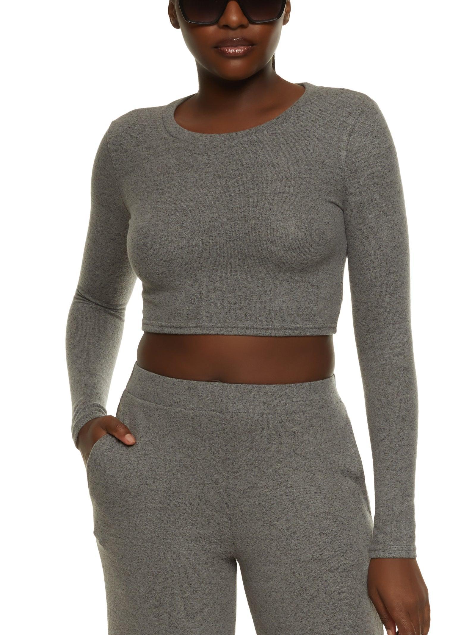 Womens Brushed Knit Crew Neck Crop Top Product Image