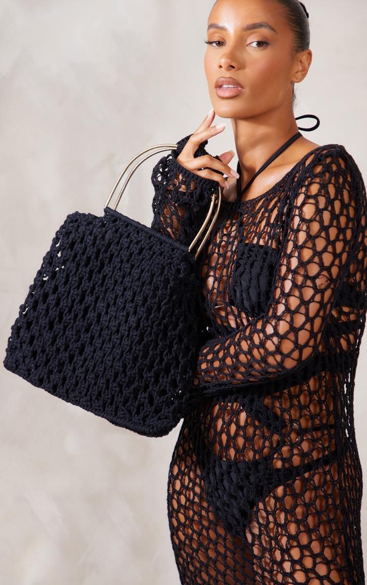 Black Gold Metal Handle Macrame Beach Bag Product Image