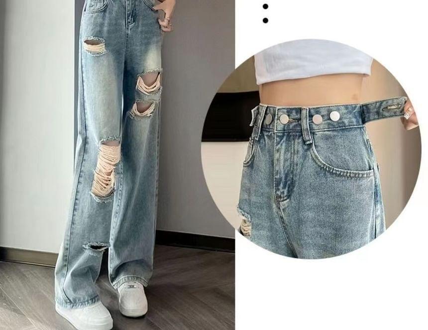 High Waist Ripped Washed Loose Fit Jeans Product Image