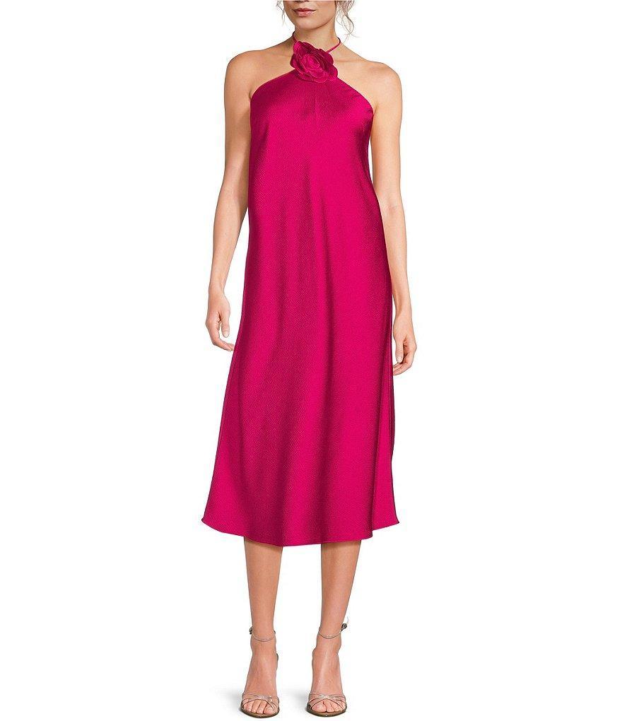 Lucy Paris Satin Halter Rosette Neck Sleeveless Midi Dress Product Image