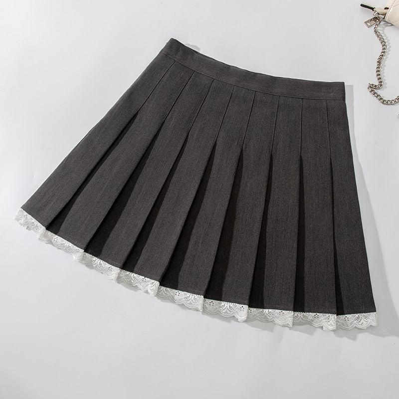 High Rise Pleated Lace Trim Mini A-Line Skirt Product Image