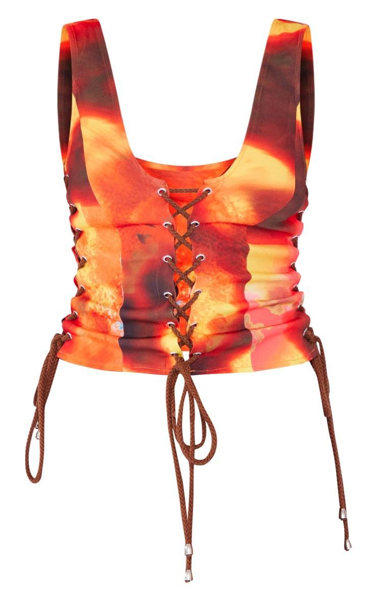 Multi Tie Dye Print Woven Lace Up Detail Plunge Sleeveless Top Product Image