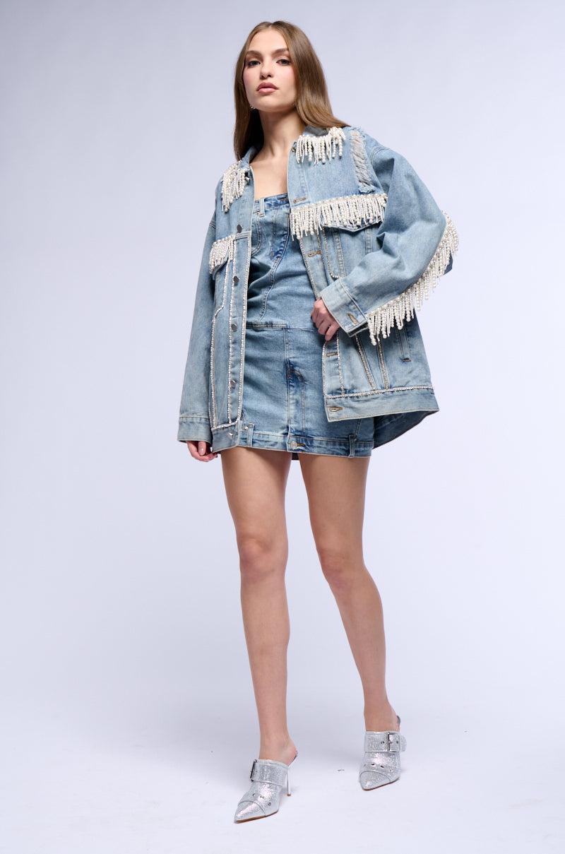 SHOW STOPPER PEARL EMBELLISHED DENIM JACKET Product Image