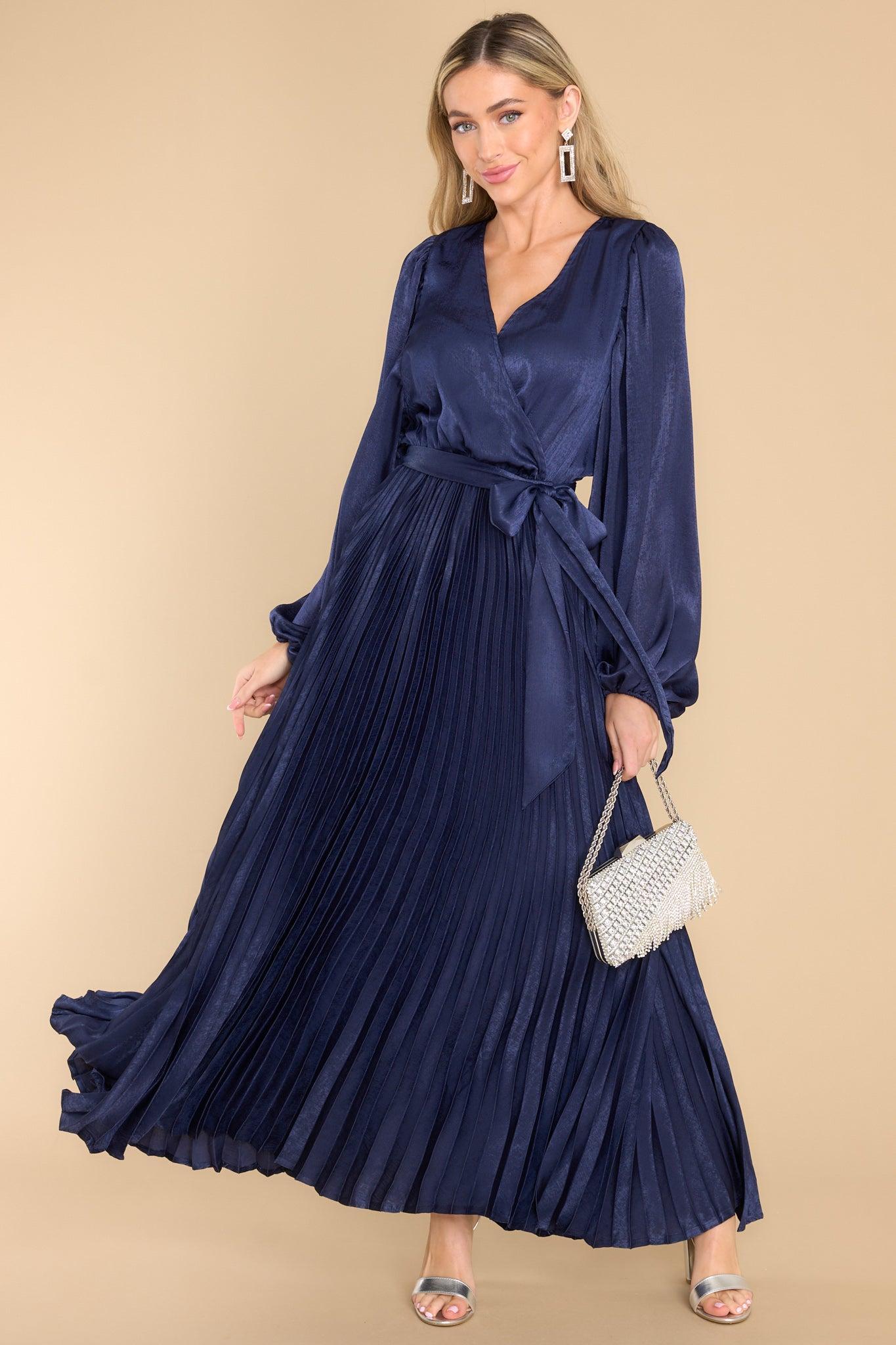 Aura Sugarplum Charm Navy Pleated Maxi Dress Product Image