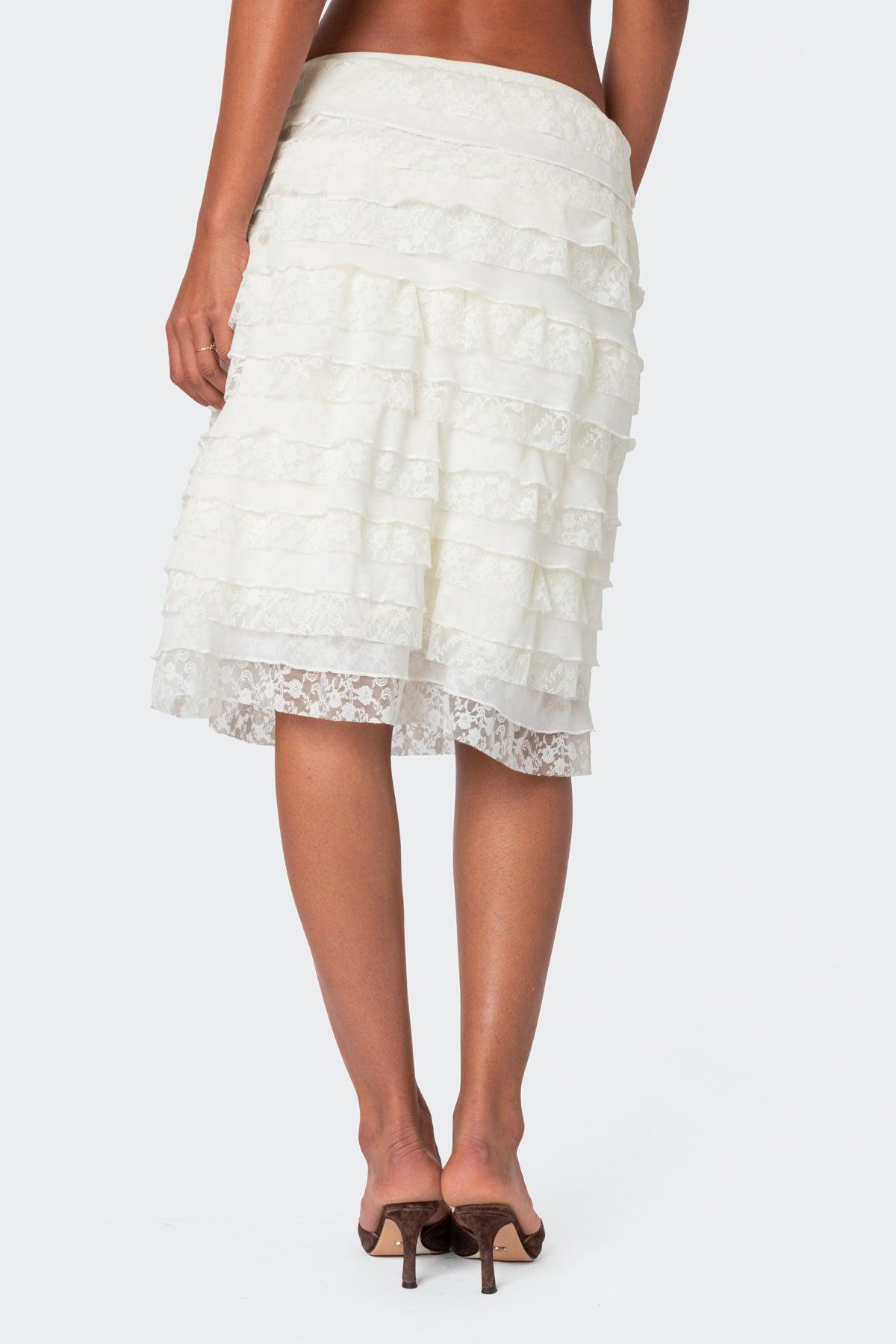 Louise Lace And Mesh Ruffle Midi Skirt Product Image