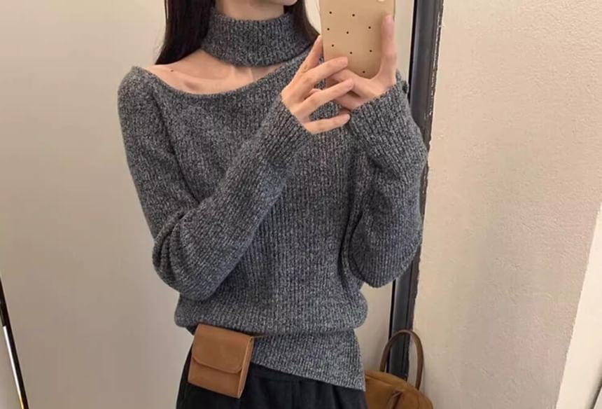 Cold Shoulder Mock Neck Plain Sweater Product Image