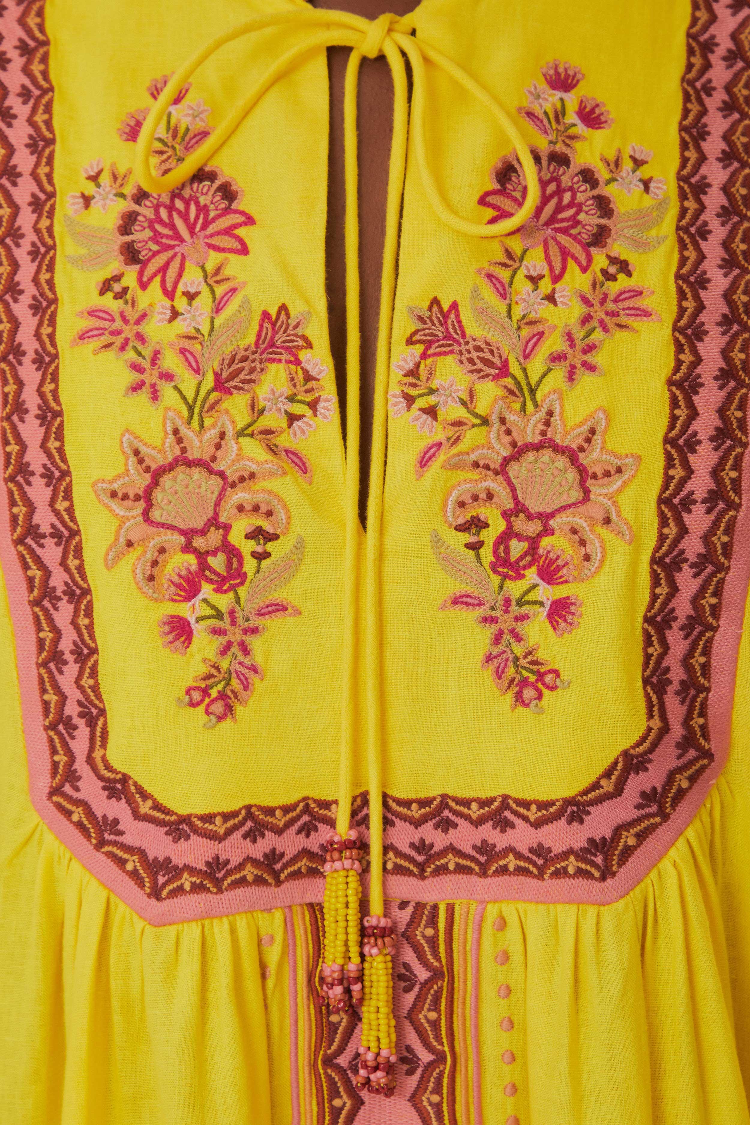 Yellow Embroidered Garden Tapestry Midi Dress Product Image